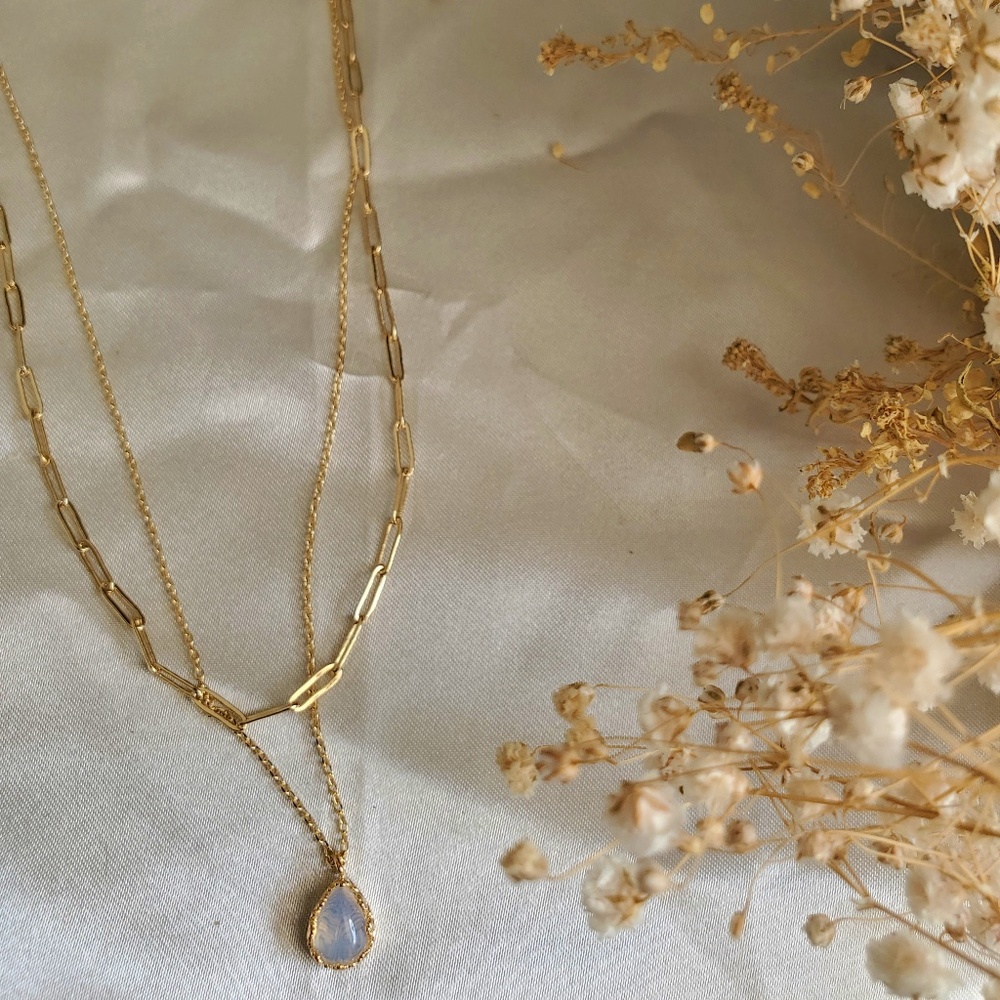 Layered Paperclip Chain Blue Opal Stone Teardrop Pendant Necklace